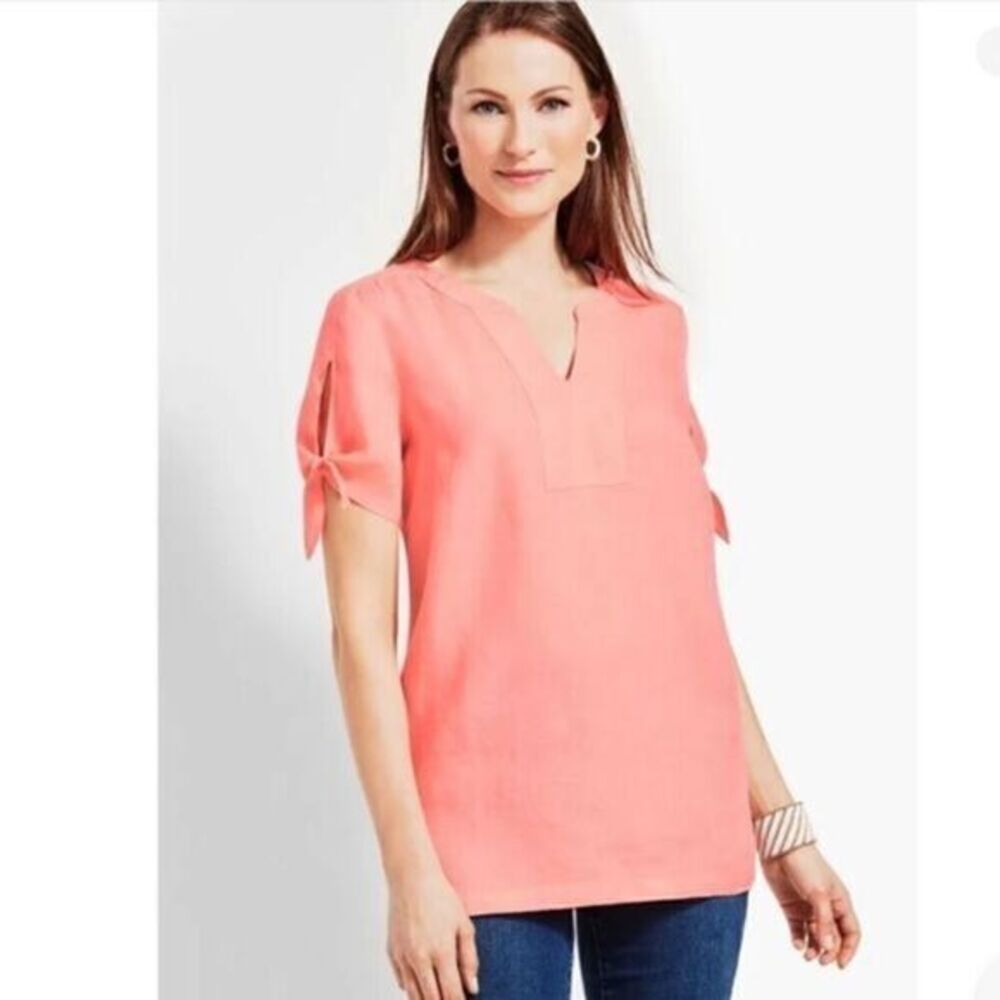 Talbots Petite Dyed Linen Cut Out Tie Sleeve Top